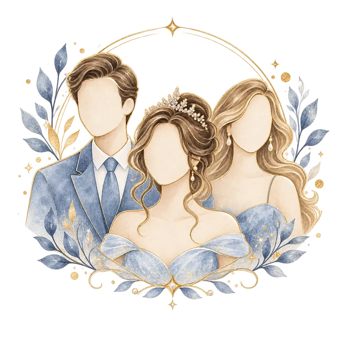 Ilustração em aquarela de um grupo de convidados com roupas em tons de azul.