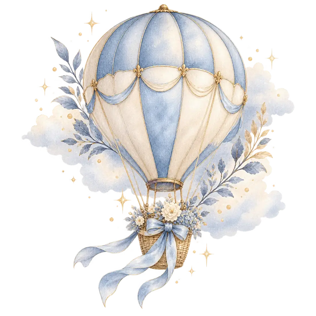 Balão de ar quente azul e dourado em aquarela.